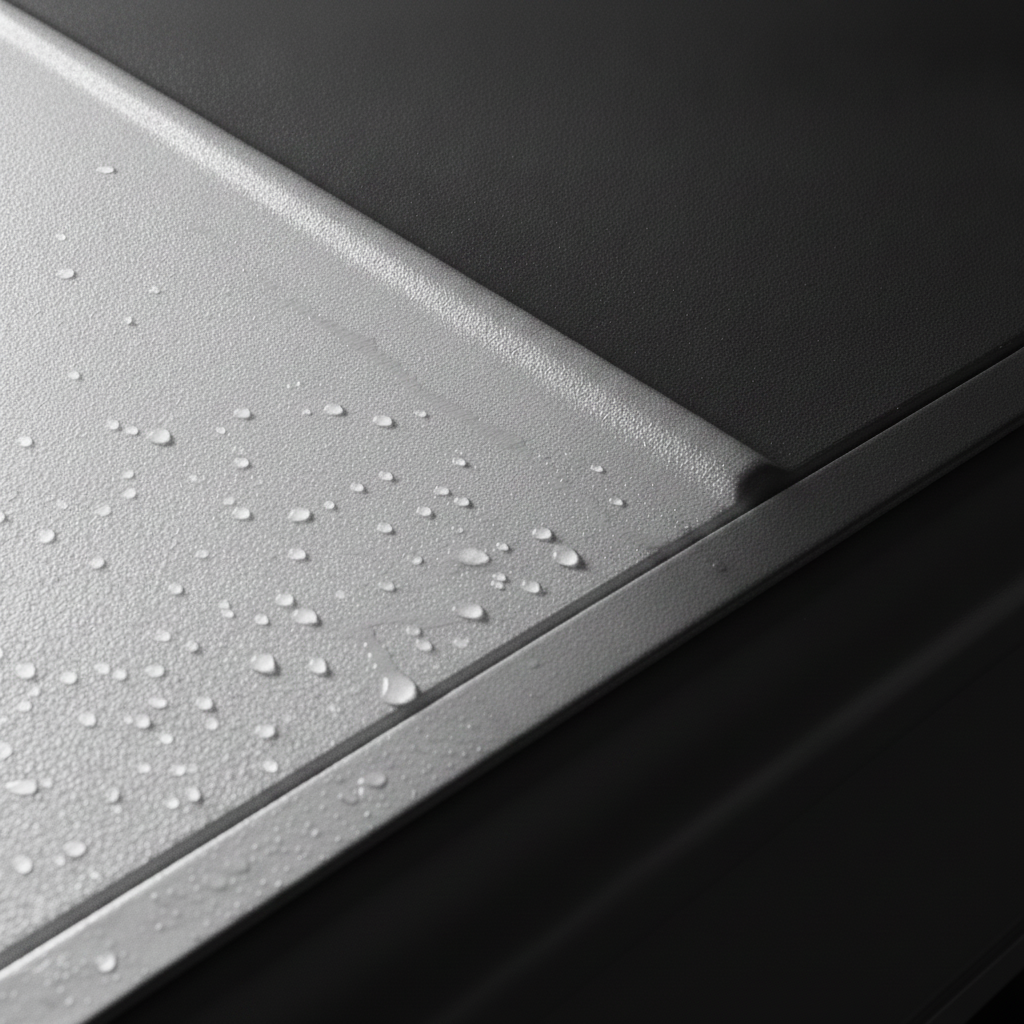 Close-up of an RV roof coated in a white polyurea membrane, water beading off the sealed surface, lit dramatically against deep shadow