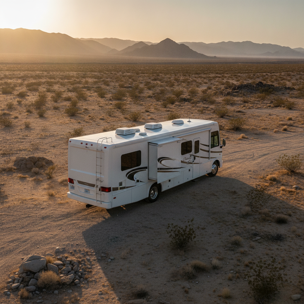 Motorhome with a freshly sealed white roof parked in the desert at golden hour